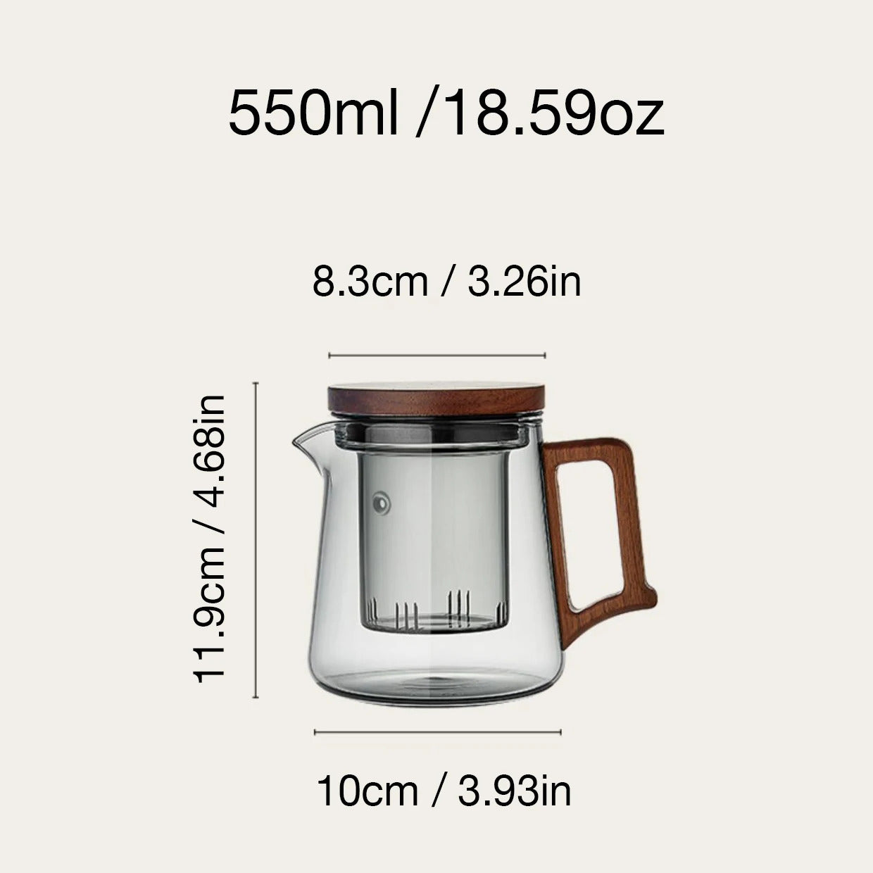 High quality heat-resistant glass teapot with glass filter cup, high-end solid wood lid, 550ml