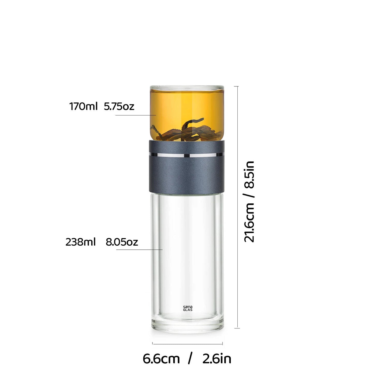 SAMAGLAS High Borosilicate Portable Tea Cup 237ml - Double-Layer Insulated Office/Car Travel Mug - One-Touch Tea-Water Separatio