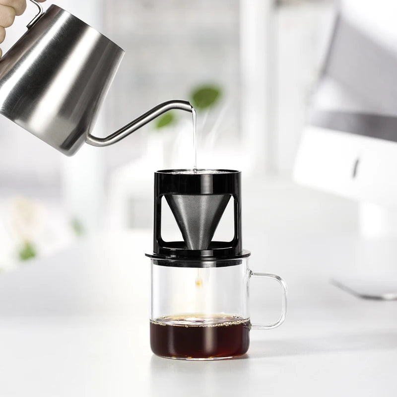Portable Pour Over Stainless Steel Coffee Filter Cup - SAMADOYO Personal Coffee Mug with Glass Cup Stand