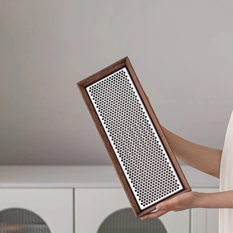 Premium Walnut Water-Catch Tea Tray, Solid Wood + Aluminum Alloy Base, 4 Sizes Available