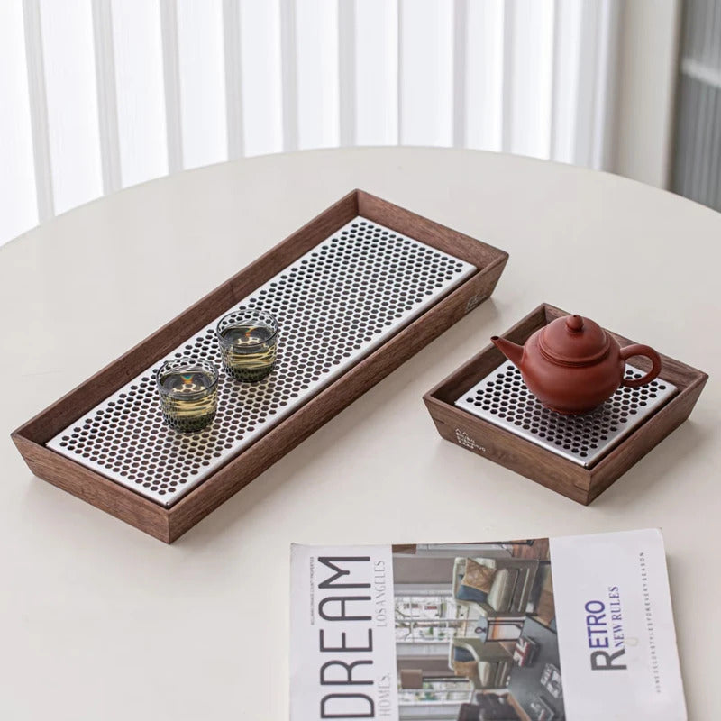 Premium Walnut Water-Catch Tea Tray, Solid Wood + Aluminum Alloy Base, 4 Sizes Available