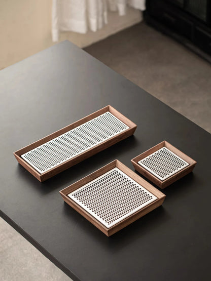 Premium Walnut Water-Catch Tea Tray, Solid Wood + Aluminum Alloy Base, 4 Sizes Available