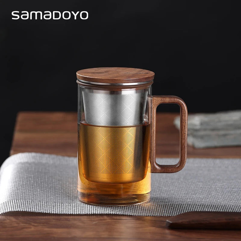 Bonston Heat-Resistant Glass Teapot Cup with 304 Stainless Steel Filter, Personal water cup, tea cup, Wood Accents - 500ml