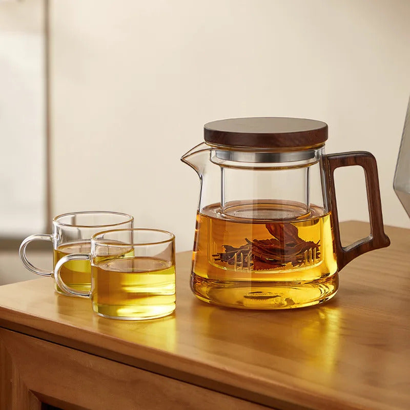 High quality heat-resistant glass teapot with glass filter cup, high-end solid wood lid, 550ml