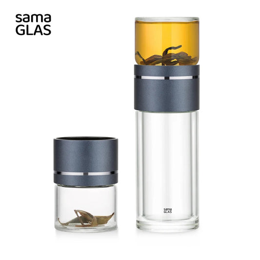 SAMAGLAS High Borosilicate Portable Tea Cup 237ml - Double-Layer Insulated Office/Car Travel Mug - One-Touch Tea-Water Separatio