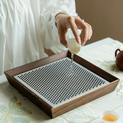 Premium Walnut Water-Catch Tea Tray, Solid Wood + Aluminum Alloy Base, 4 Sizes Available