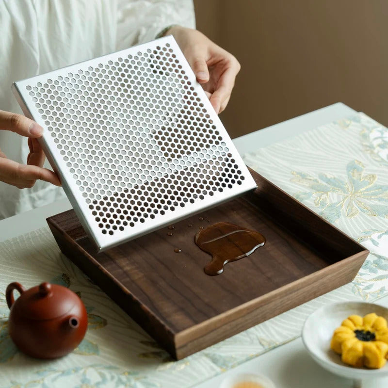 Premium Walnut Water-Catch Tea Tray, Solid Wood + Aluminum Alloy Base, 4 Sizes Available