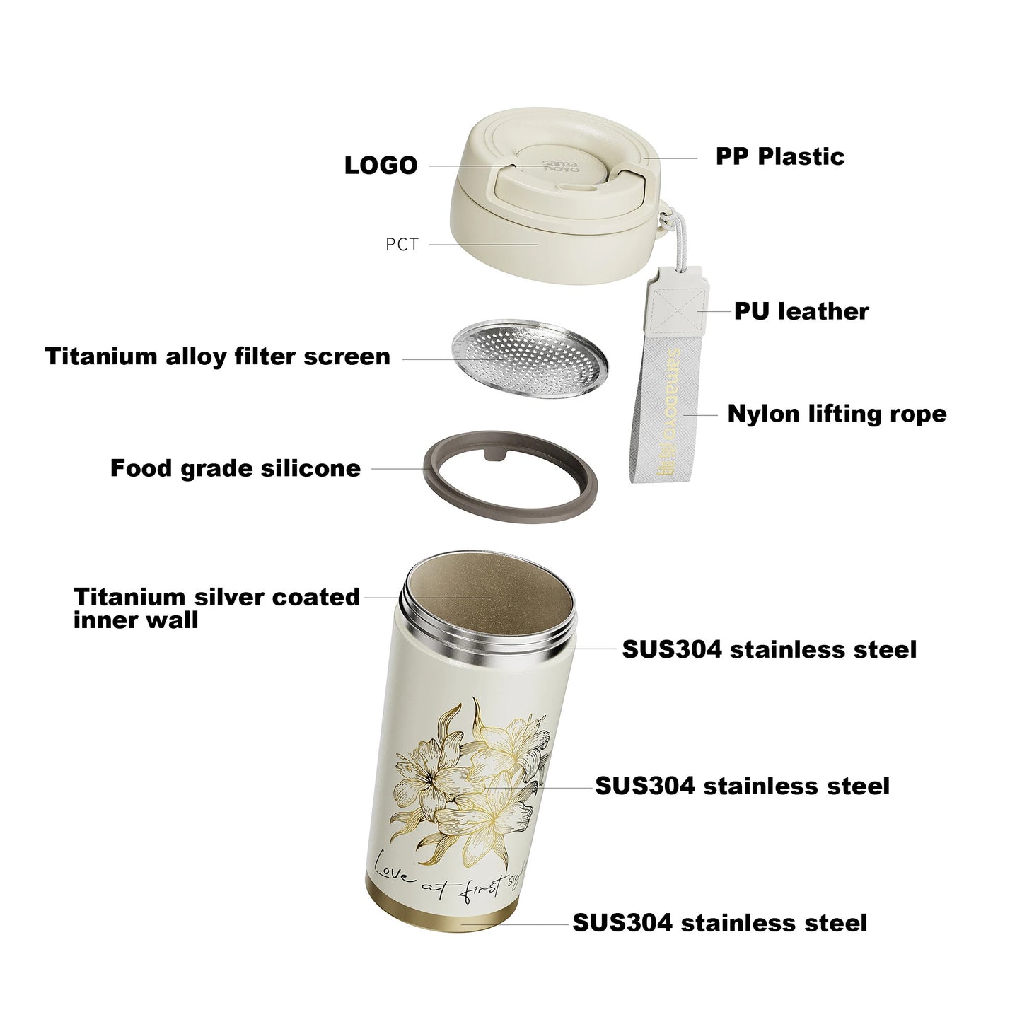 Samadoyo- Titanium silver coated inner wall, insulated cup, portable cup, coffee cup, tea cup with filter screen, 500ml