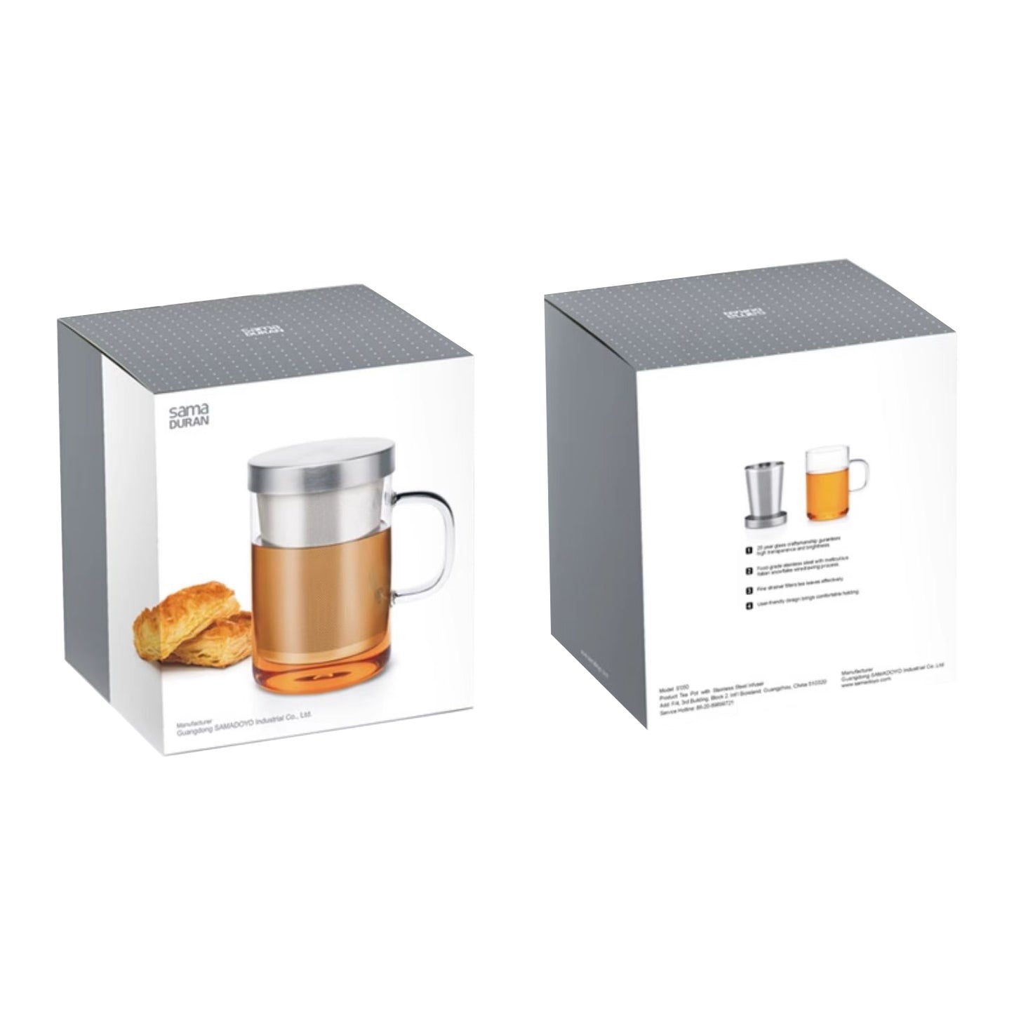 SAMADOYO heat-resistant glass tea cup, tea water separation, stainless steel filtering, office tea cup with lid and handle