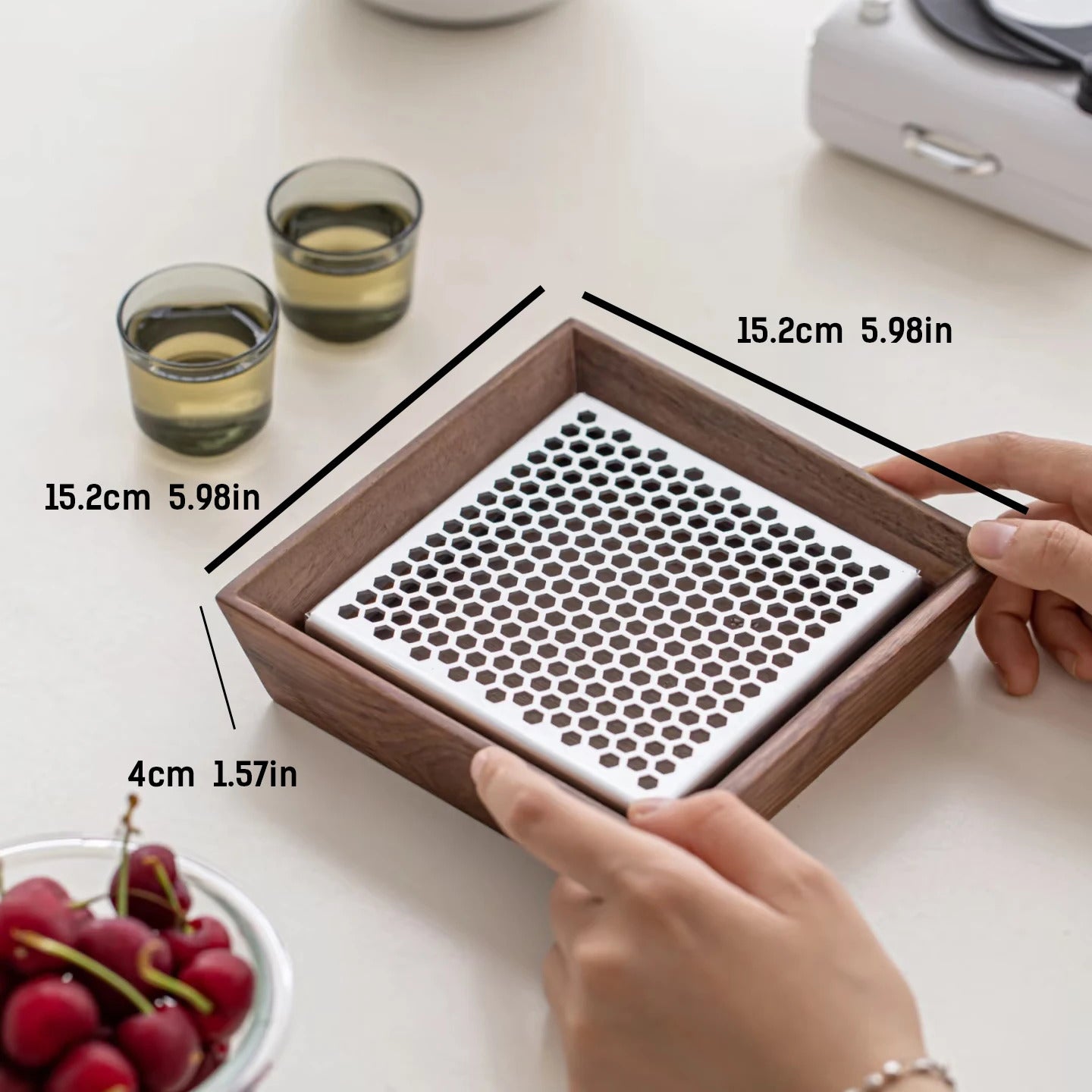 Premium Walnut Water-Catch Tea Tray, Solid Wood + Aluminum Alloy Base, 4 Sizes Available