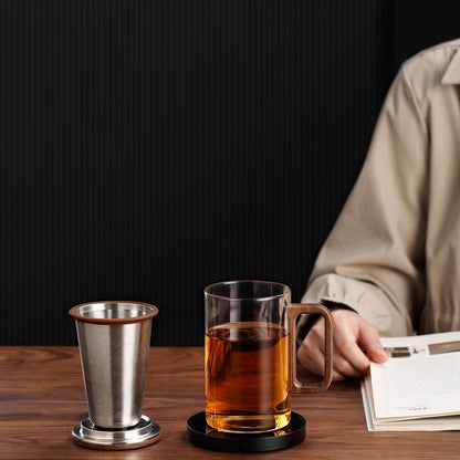 Bonston Heat-Resistant Glass Teapot Cup with 304 Stainless Steel Filter, Personal water cup, tea cup, Wood Accents - 500ml