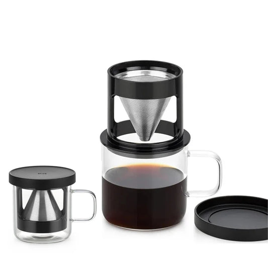 Portable Pour Over Stainless Steel Coffee Filter Cup - SAMADOYO Personal Coffee Mug with Glass Cup Stand