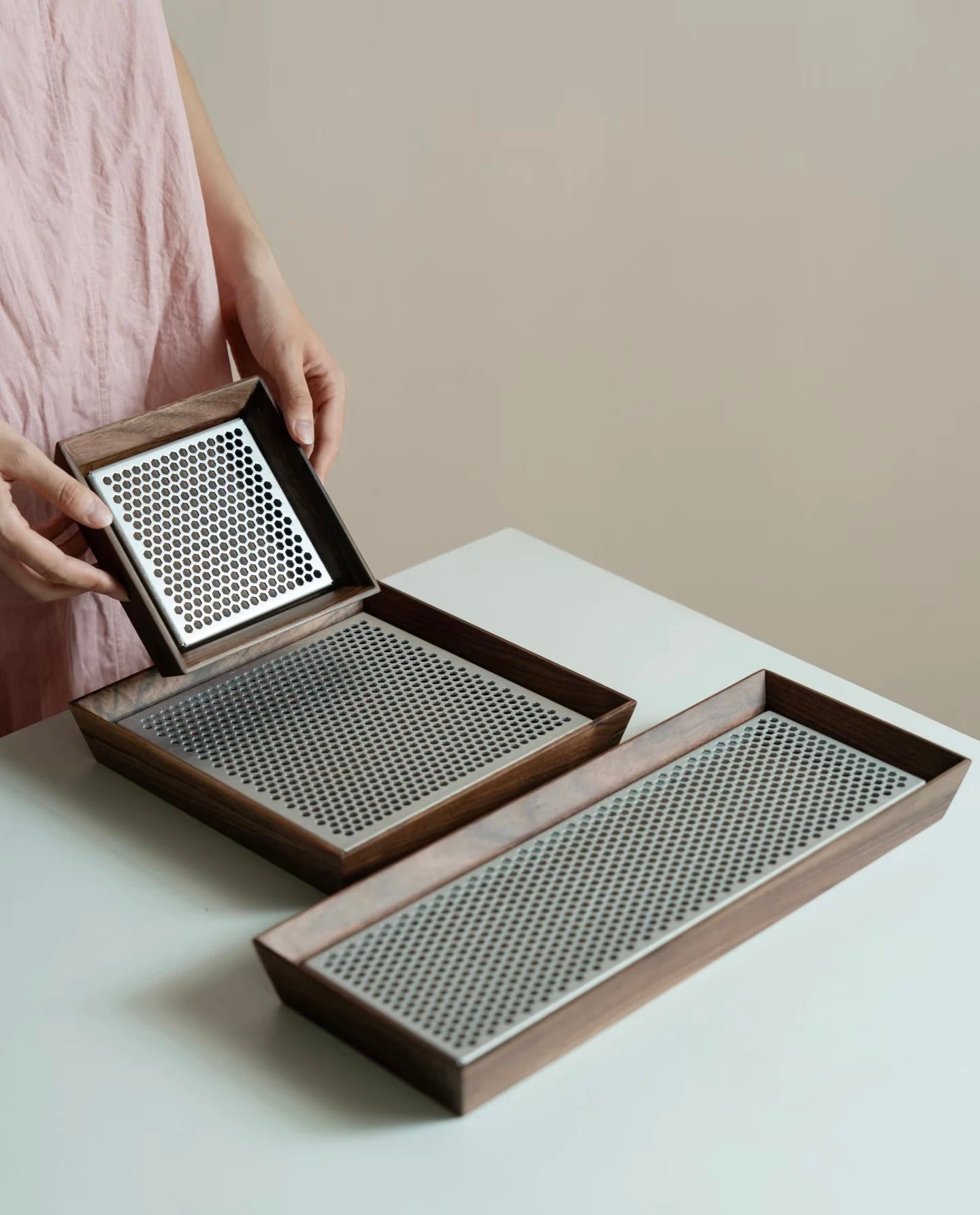 Premium Walnut Water-Catch Tea Tray, Solid Wood + Aluminum Alloy Base, 4 Sizes Available