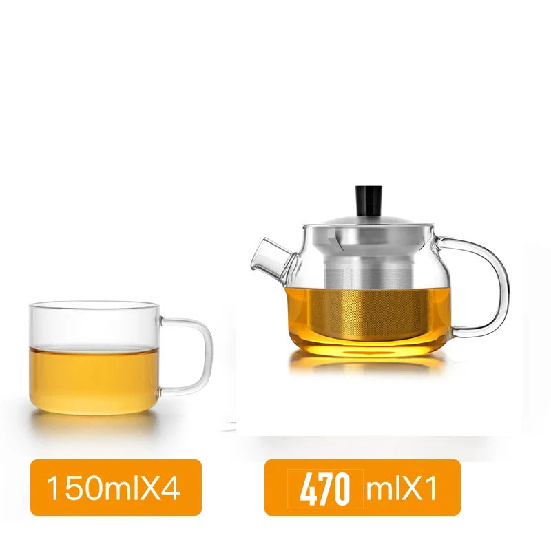 Samadoyo One Teapot & Four Cups Set, Heat-Resistant Glass Teapot Set, Loose Leaf Tea Infuser Teapot + Teacup Combination, 470ml