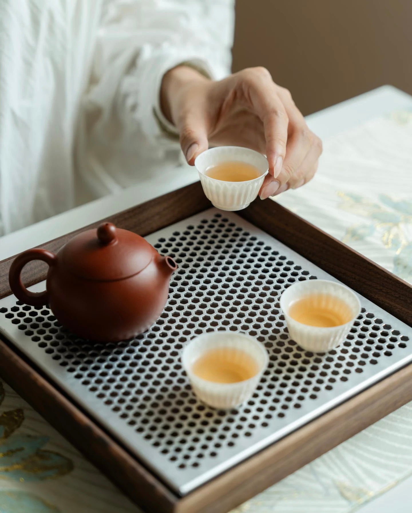 Premium Walnut Water-Catch Tea Tray, Solid Wood + Aluminum Alloy Base, 4 Sizes Available