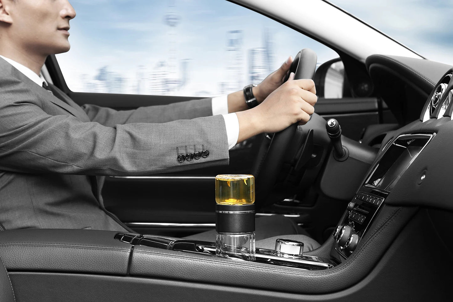 SAMAGLAS Tragbarer Teebecher aus Borosilikatglas, 237 ml – doppelschichtig isolierter Reisebecher für Büro/Auto – Tee-Wasser-Trennung mit einem Tastendruck