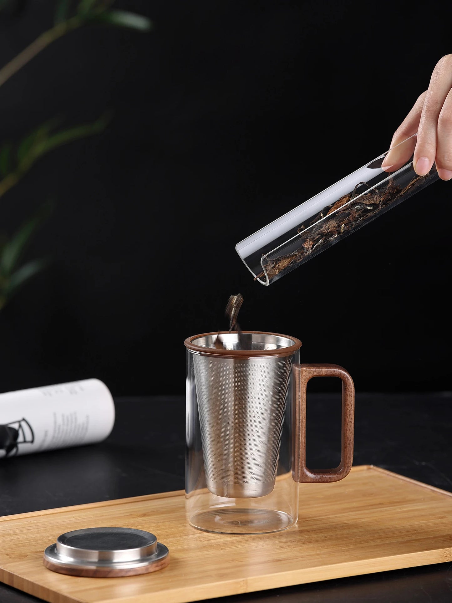 Bonston Heat-Resistant Glass Teapot Cup with 304 Stainless Steel Filter, Personal water cup, tea cup, Wood Accents - 500ml