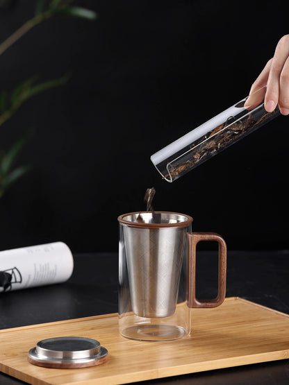 Bonston Heat-Resistant Glass Teapot Cup with 304 Stainless Steel Filter, Personal water cup, tea cup, Wood Accents - 500ml