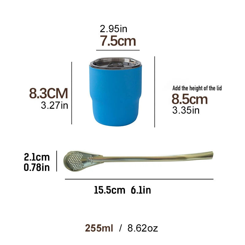 304 Stainless Steel Double-Wall Vacuum Insulated Cup, Coffee Mug, Yerba Mate Cup with Straw, 255ml