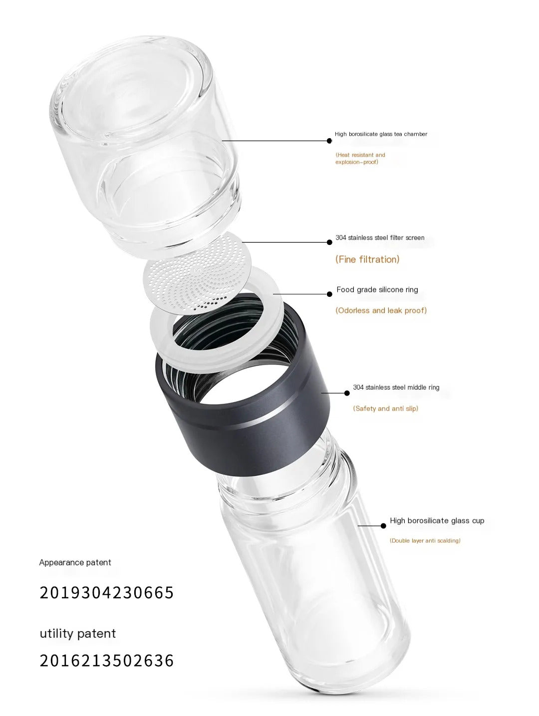 SAMAGLAS Tragbarer Teebecher aus Borosilikatglas, 237 ml – doppelschichtig isolierter Reisebecher für Büro/Auto – Tee-Wasser-Trennung mit einem Tastendruck