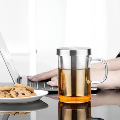 SAMADOYO heat-resistant glass tea cup, tea water separation, stainless steel filtering, office tea cup with lid and handle