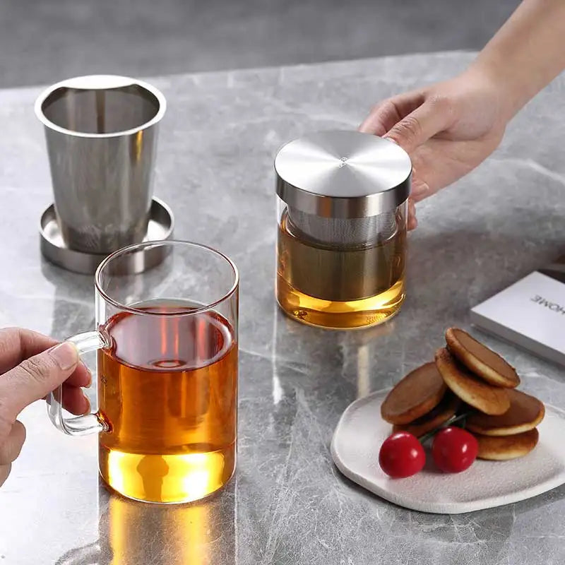SAMADOYO heat-resistant glass tea cup, tea water separation, stainless steel filtering, office tea cup with lid and handle