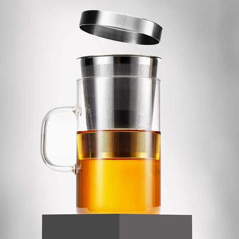 SAMADOYO heat-resistant glass tea cup, tea water separation, stainless steel filtering, office tea cup with lid and handle