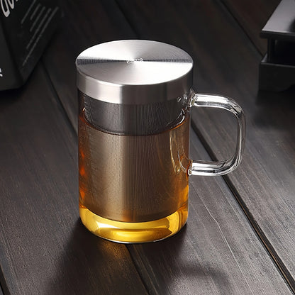 SAMADOYO heat-resistant glass tea cup, tea water separation, stainless steel filtering, office tea cup with lid and handle