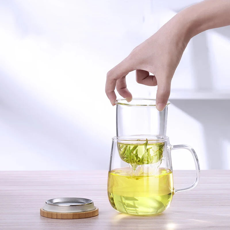 SAMADOYO Hitzebeständige Glas-Teezubereitungstasse, Tee-Wasser-Trennband, Gefilterte Blumenteetasse, Home-Office mit Abdeckband 