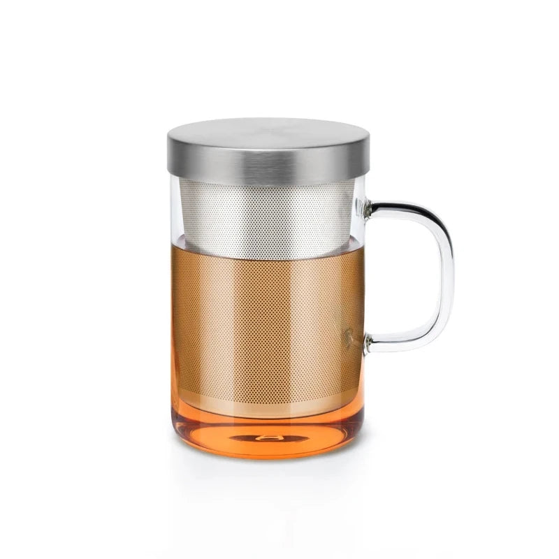 SAMADOYO heat-resistant glass tea cup, tea water separation, stainless steel filtering, office tea cup with lid and handle