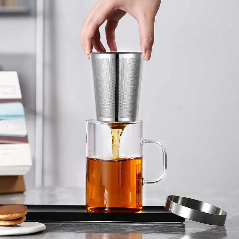 SAMADOYO heat-resistant glass tea cup, tea water separation, stainless steel filtering, office tea cup with lid and handle