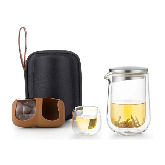 SAMADOYO Tragbares Reise-Teeset aus Glas mit einer Kanne, zwei Tassen und einer schnellen Gästetasse zum Aufbrühen von Tee nach Belieben 